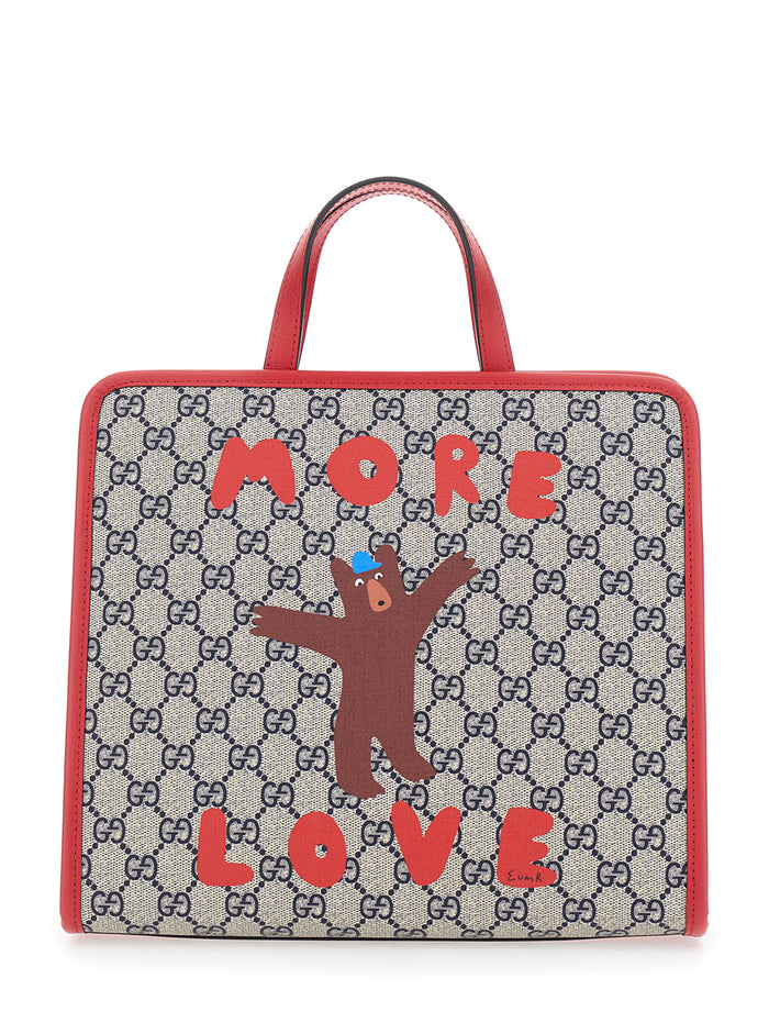 Beige Handbag With All Over Gg Motif And Front Print Fabric Girl Polyurethane Polyester Cotton Hand Bags