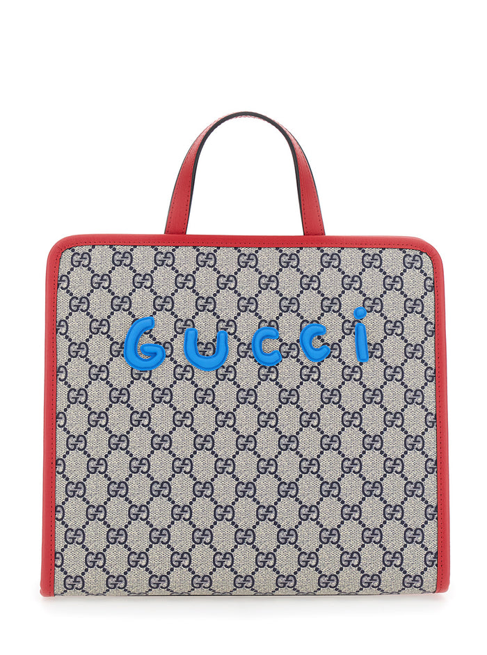 Beige Handbag With All Over Gg Motif And Front Print Fabric Girl Polyurethane Polyester Cotton Hand Bags