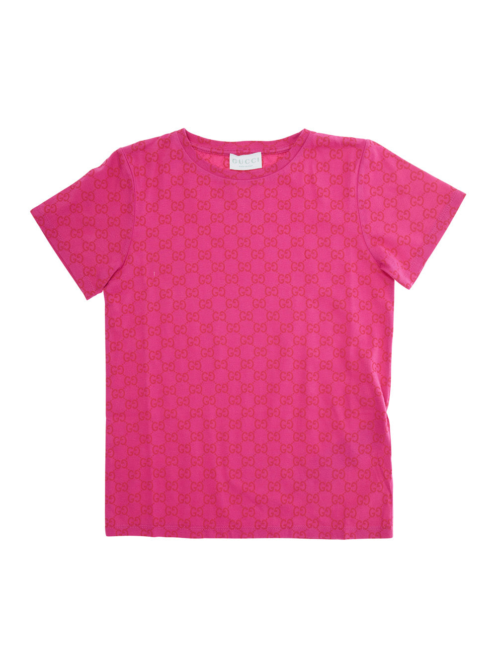 Fuchsia Crewneck T-Shirt with All-Over GG Print in Cotton Jersey Girl Fuxia Tshirts And Polo Shirts