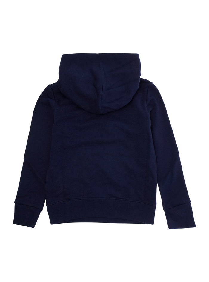 Blue Sweatshirt with Fixed Hood and Logo Lettering on the Front in Cotton Kid Blu Sweatshirts