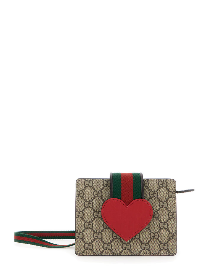 Beige Handbag With Gg Canvas And Heart Detail Cotton Blend Girl Polyurethane Polyester Hand Bags
