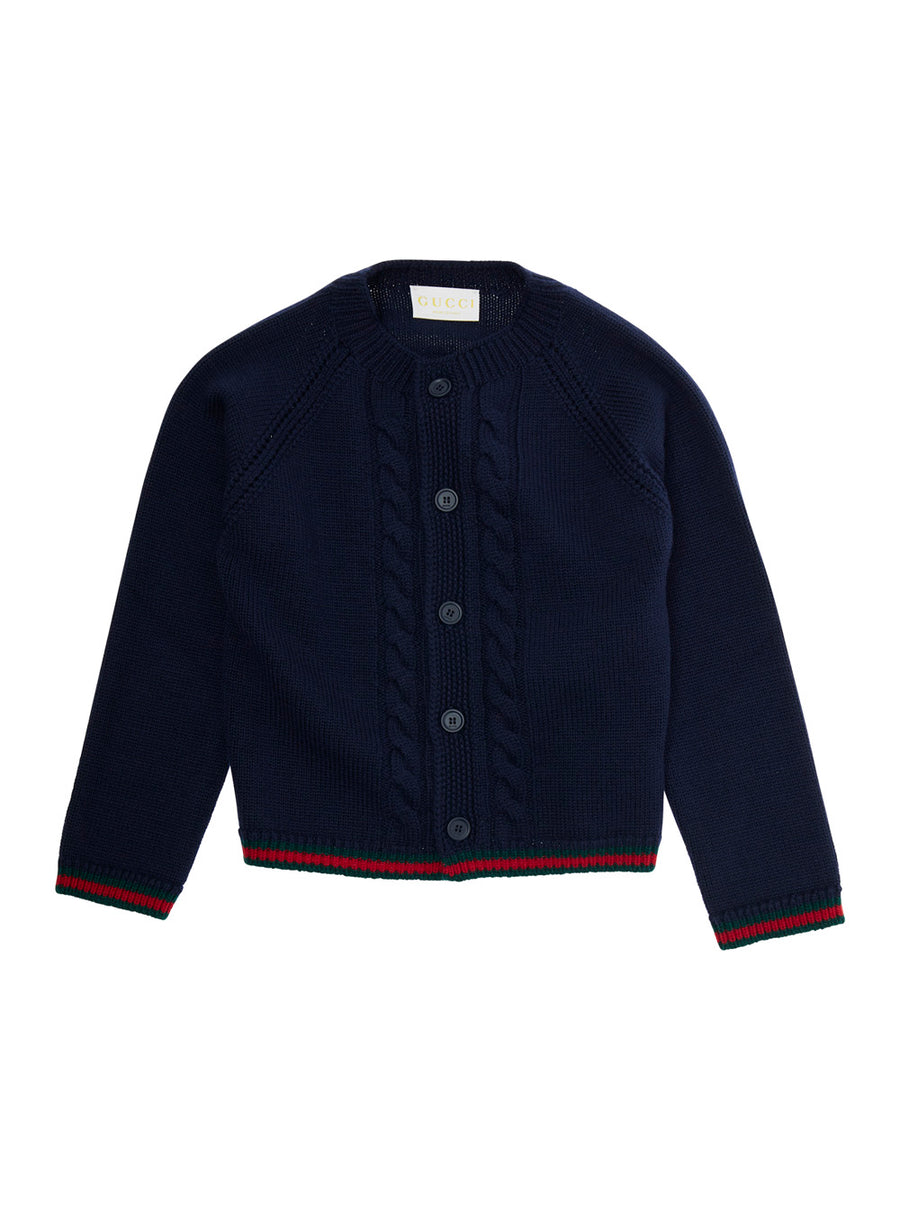 Blue Cardigan With Intarsia Design Wool Tops