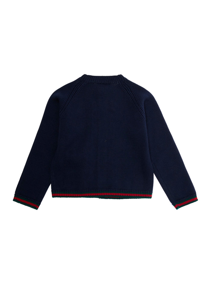 Blue Cardigan with Intarsia Design and Round Neck in Wool Boy Blu Jersey