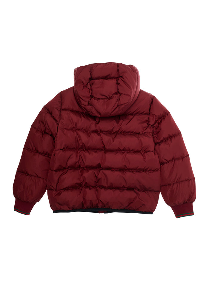 Bordeaux Down Jacket with Fixed Hood and Web Details on the Edges in Tech Fabric Boy Polyamide