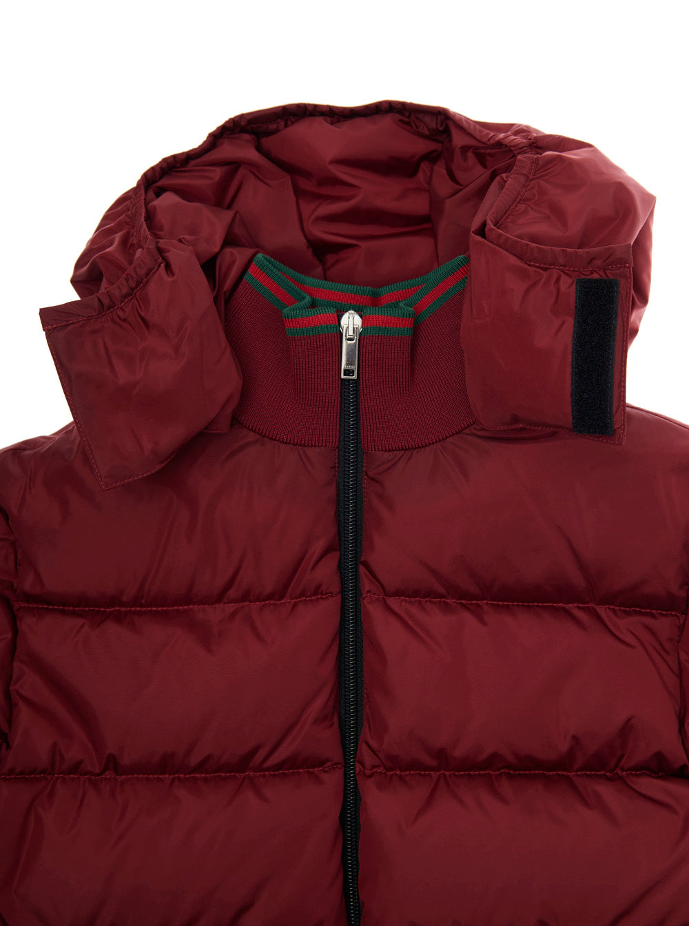 Bordeaux Down Jacket with Fixed Hood and Web Details on the Edges in Tech Fabric Boy Polyamide