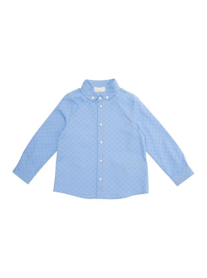 Light Blue Shirt With Peter Pan Collar And All-Over Gg Motif Cotton Baby Blouses