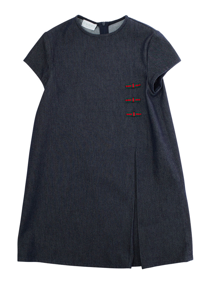 Blue Round Neck Dress With Web Details Cotton Girl Blu