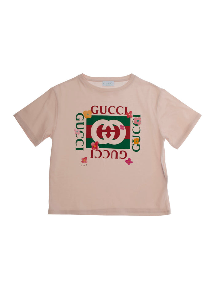 Pink Crewneck T-Shirt With Maxi Logo Print On The Front Cotton Jersey Girl Tshirts And Polo Shirts