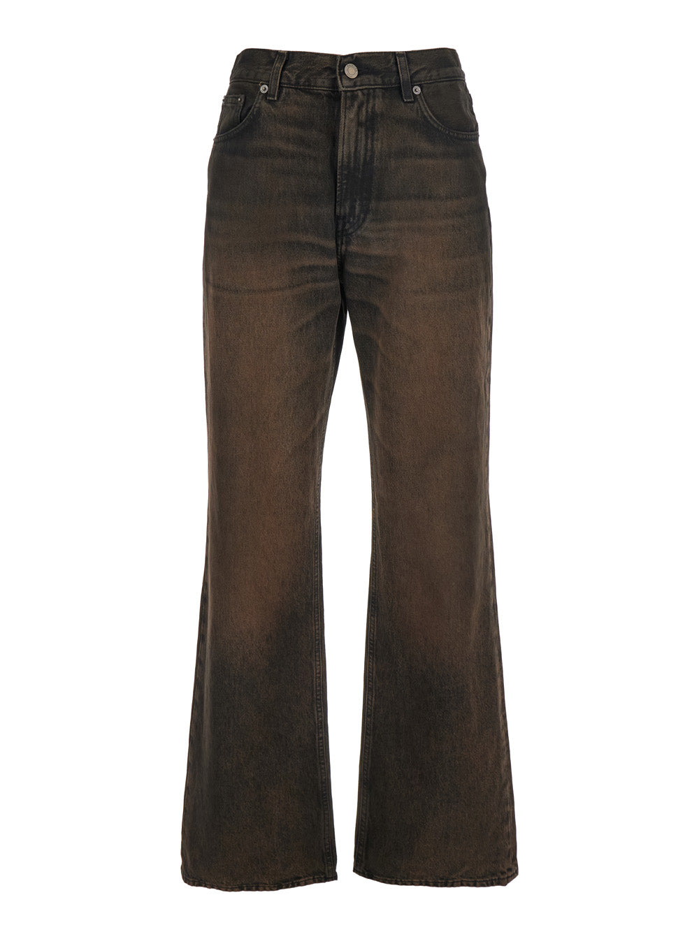 Korea Brown Jeans with Wide Leg and Logo Patch on the Rear in Denim Woman Cotton