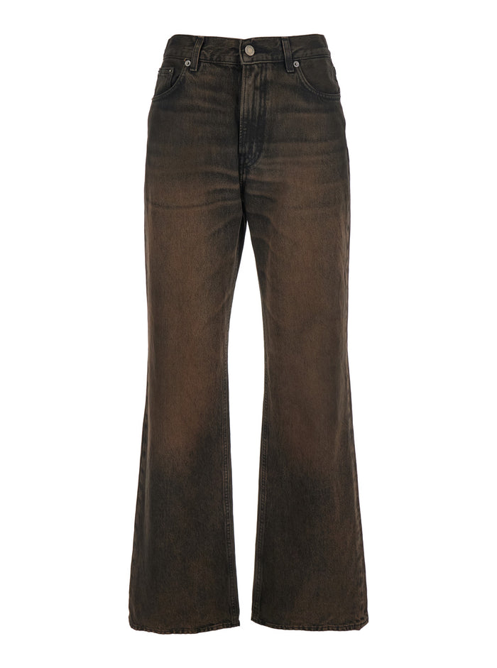 Korea Brown Jeans with Wide Leg and Logo Patch on the Rear in Denim Woman Cotton