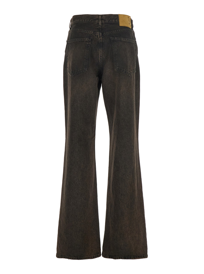 Korea Brown Jeans with Wide Leg and Logo Patch on the Rear in Denim Woman Cotton