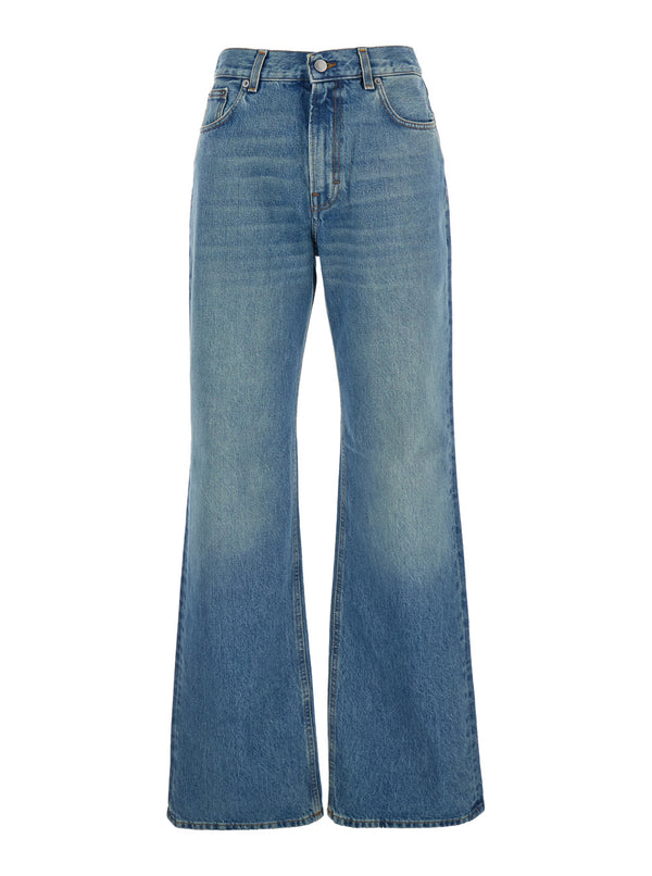 Blue Wide Leg Jeans With Logo Patch Cotton