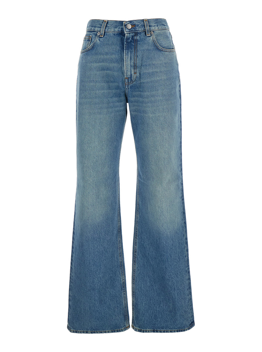 Blue Wide Leg Jeans With Logo Patch Cotton