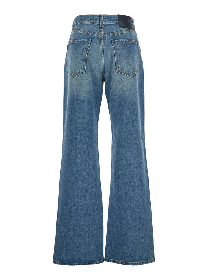 Korea Blue Jeans with Wide Leg and Logo Patch on the Rear in Denim Woman Blu Cotton