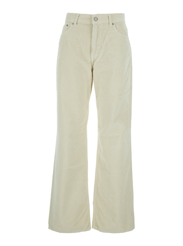 White Corduroy Pants With Logo Patch Trousers