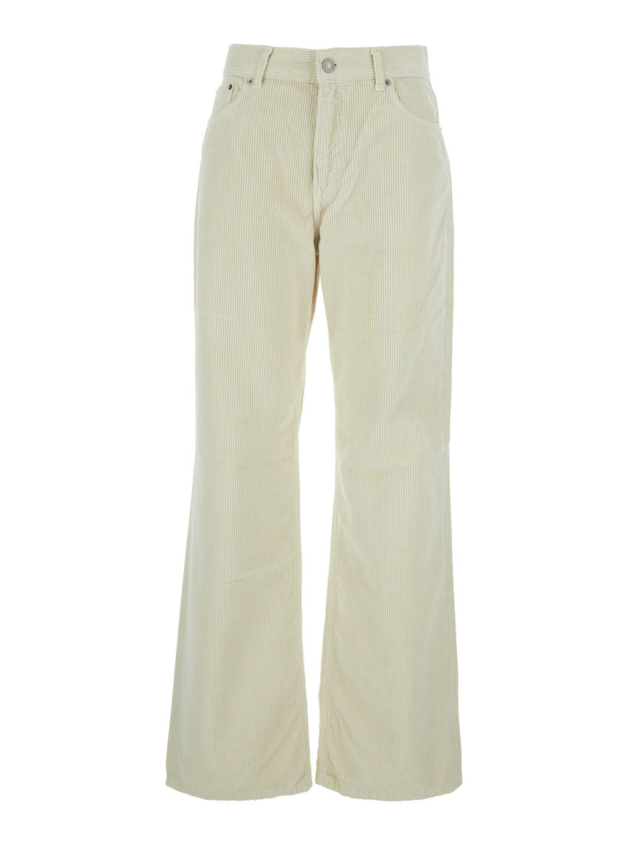 White Corduroy Pants With Logo Patch Trousers