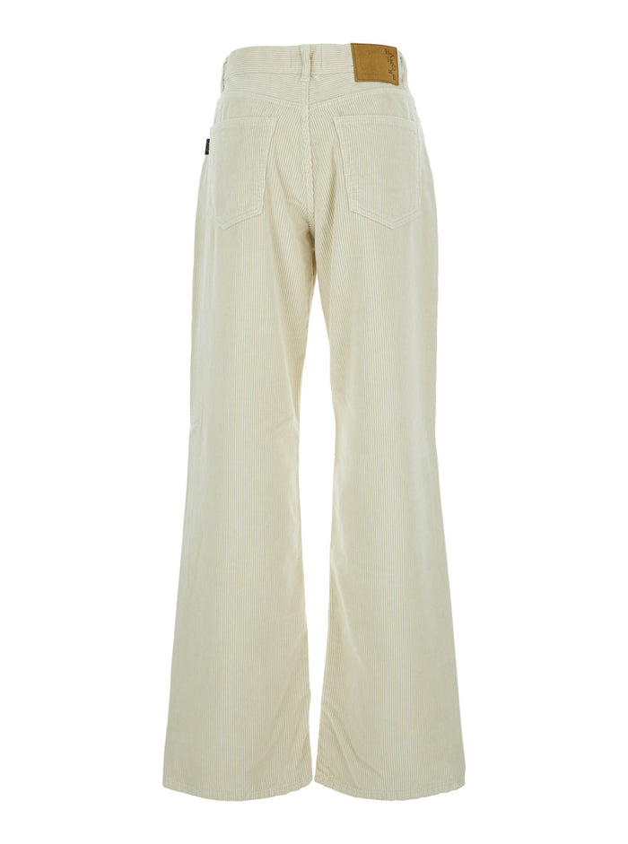 Korea White Pants with Logo Patch on the Rear and Wide Leg in Corduroy Woman Trousers