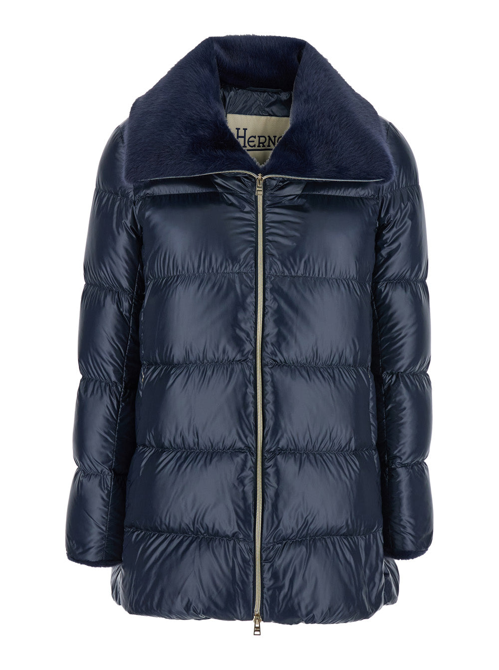 Blue Down Jacket With Fur Collar And Quilted Design Tech Fabric Woman Blu Poliammide