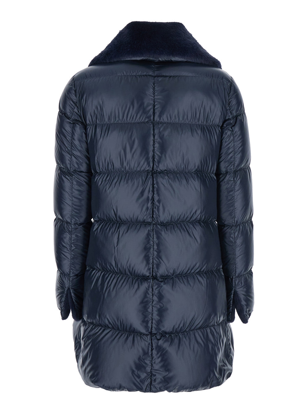 Blue Down Jacket With Fur Collar And Quilted Design Tech Fabric Woman Blu Poliammide