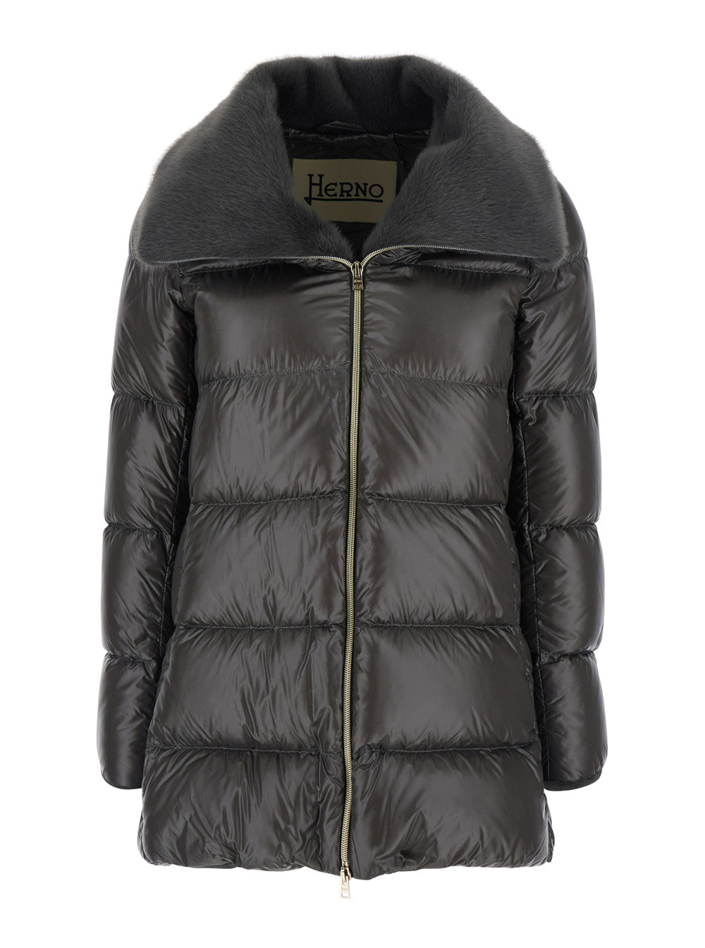 Grey Down Jacket With Ecofur Collar Tech Fabric Woman Poliammide