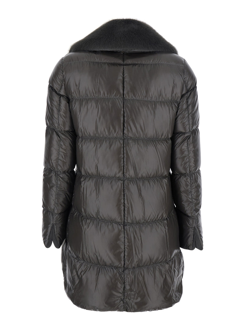 Grey Down Jacket With Ecofur Collar Tech Fabric Woman Poliammide