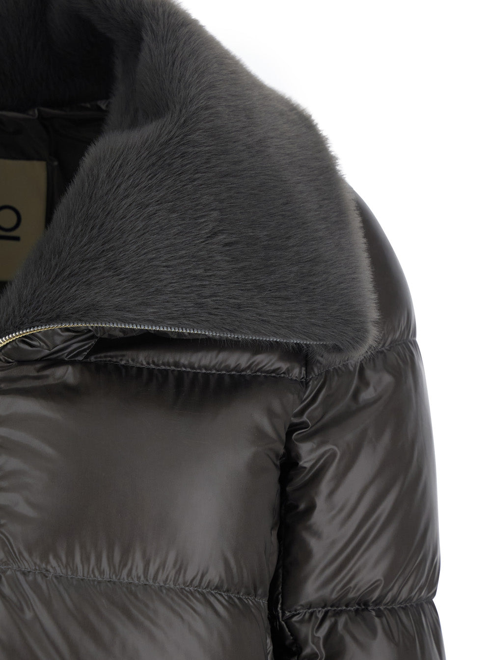 Grey Down Jacket With Ecofur Collar Tech Fabric Woman Poliammide