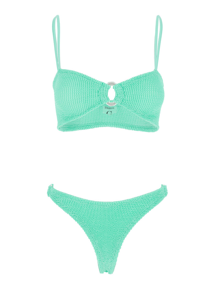 Misty Green Bikini with Fixed Spaghetti Straps and Cut-Out Ring in Tech Fabric Stretch Woman Polyamide Elastane Beachwear
