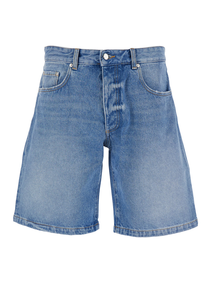 Light Blue Bermuda Pants with Wide Leg and Logo Patch on the Rear in Denim Man Shorts
