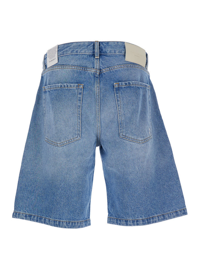 Light Blue Bermuda Pants with Wide Leg and Logo Patch on the Rear in Denim Man Shorts