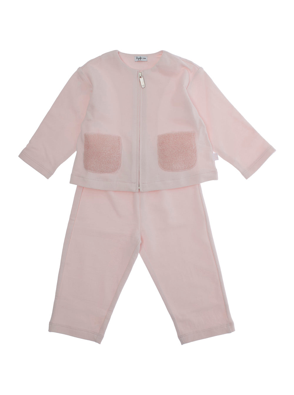 Pink Crewneck Suit With Front Zip Closure Cotton Stretch Baby Elastane Suits