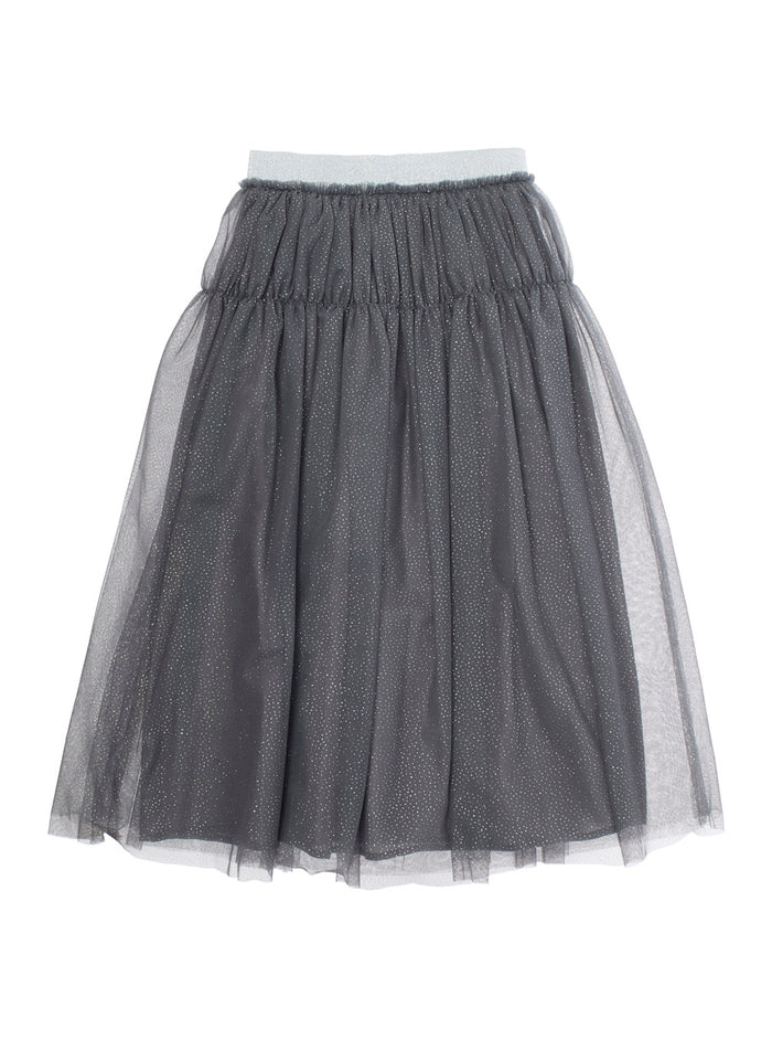 Grey Skirt With Elastic Waist And All-Over Rhinestone Embellishments Fabric Girl Polyester