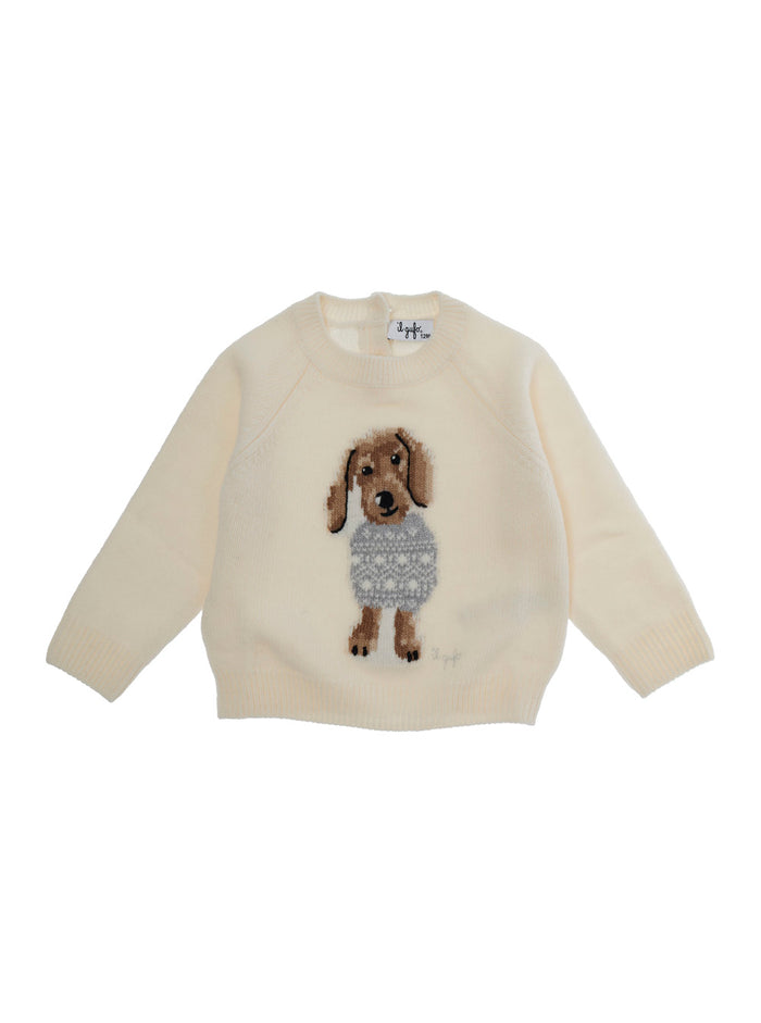 White Sweater With Round Neck And Logo Embroidery On The Front Wool Baby Jersey