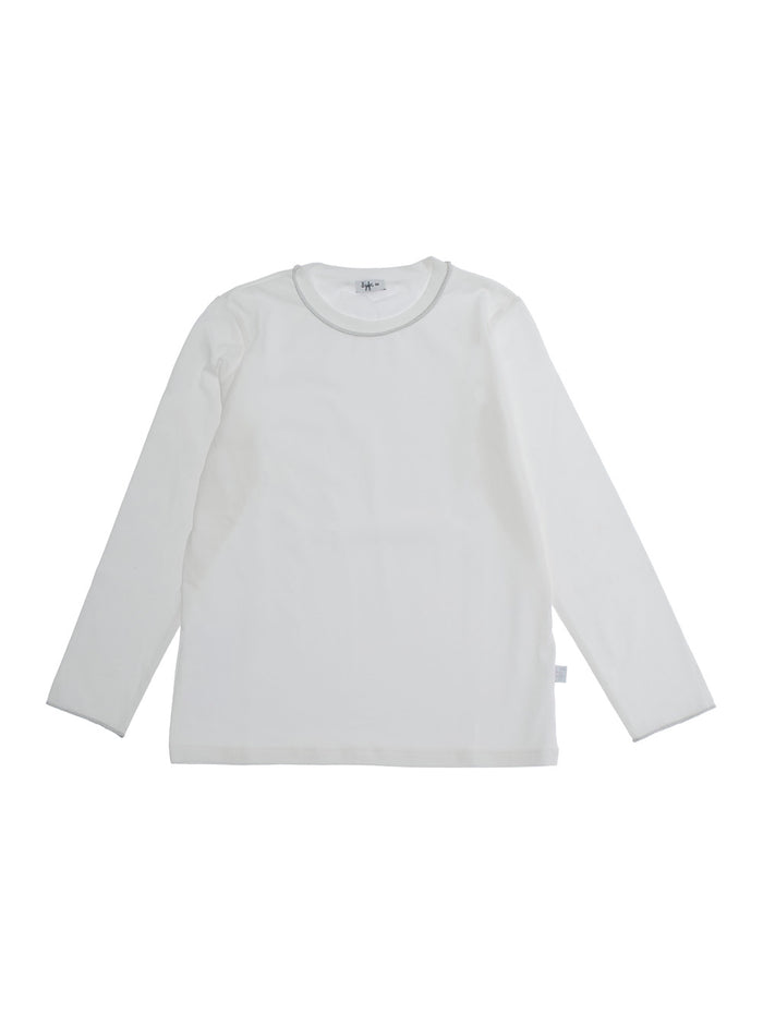 White Crewneck Long-Sleeve T-Shirt With Straight Hem Cotton Girl Jersey