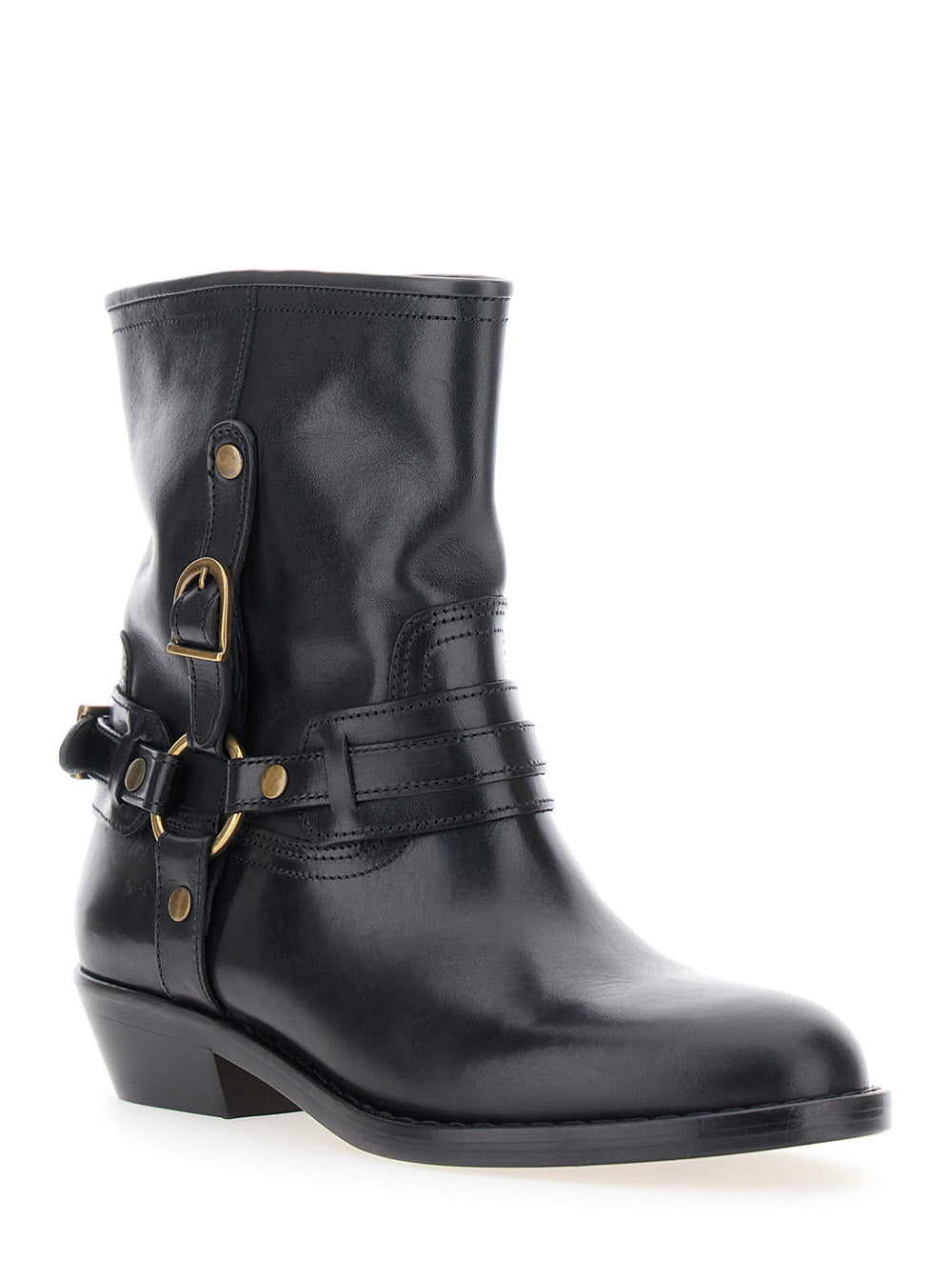 Ildred Black Ankle Boots With Medium Block Heel And Decorative Buckle Leather Woman