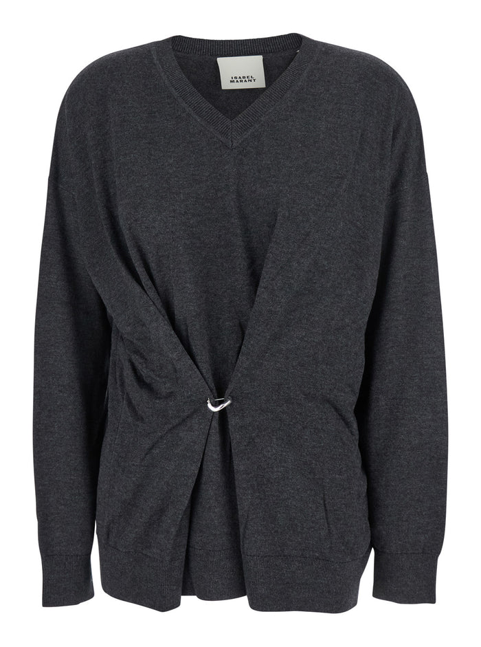Grey V-Neck Sweater with Ring Detail at the Waist in Fabric Woman Jersey