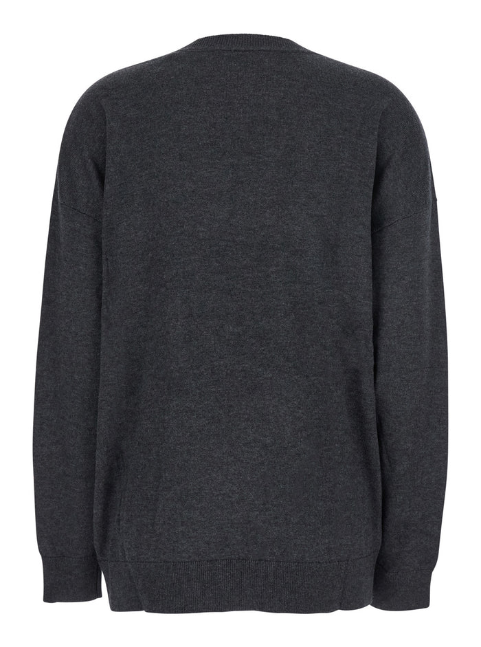 Grey V-Neck Sweater with Ring Detail at the Waist in Fabric Woman Jersey