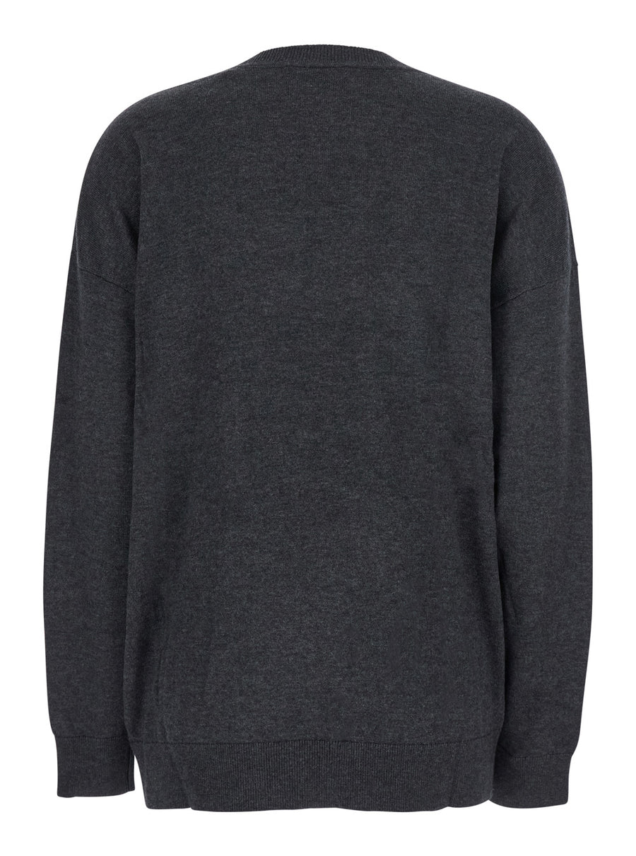 Grey V-Neck Sweater With Ring Detail Fabric Tops