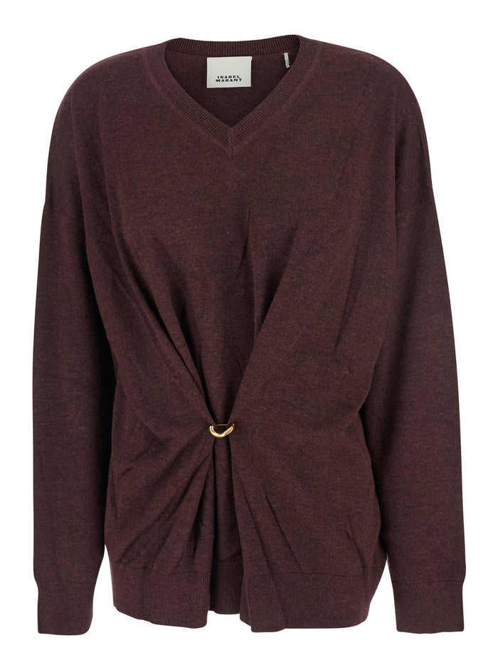 Bordeaux V-Neck Sweater with Ring Detail at the Waist in Fabric Woman Jersey