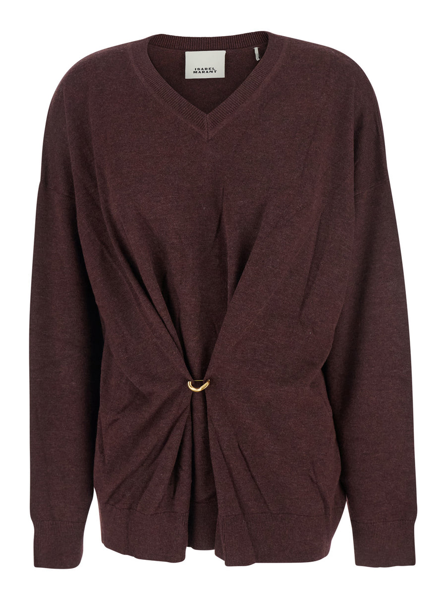 Bordeaux V-Neck Sweater With Ring Detail Fabric Tops