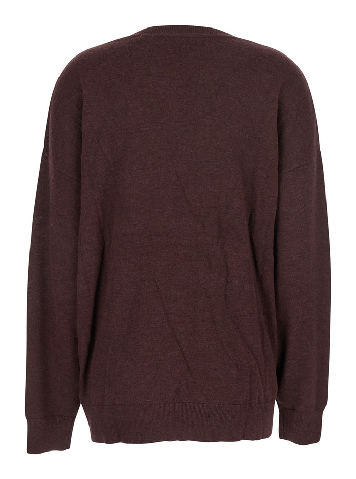 Bordeaux V-Neck Sweater with Ring Detail at the Waist in Fabric Woman Jersey