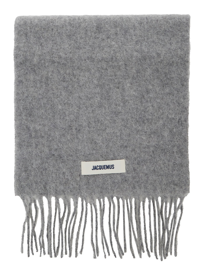LEcharpe Carro Grey Scarf with Logo Patch on the Front and Fringed Hem in Wool Blend Man Alpaca Polyamide Scarfs Foulards