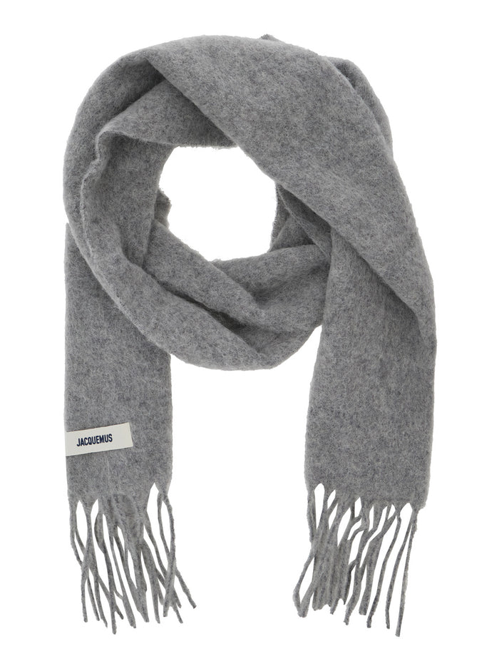 LEcharpe Carro Grey Scarf with Logo Patch on the Front and Fringed Hem in Wool Blend Man Alpaca Polyamide Scarfs Foulards