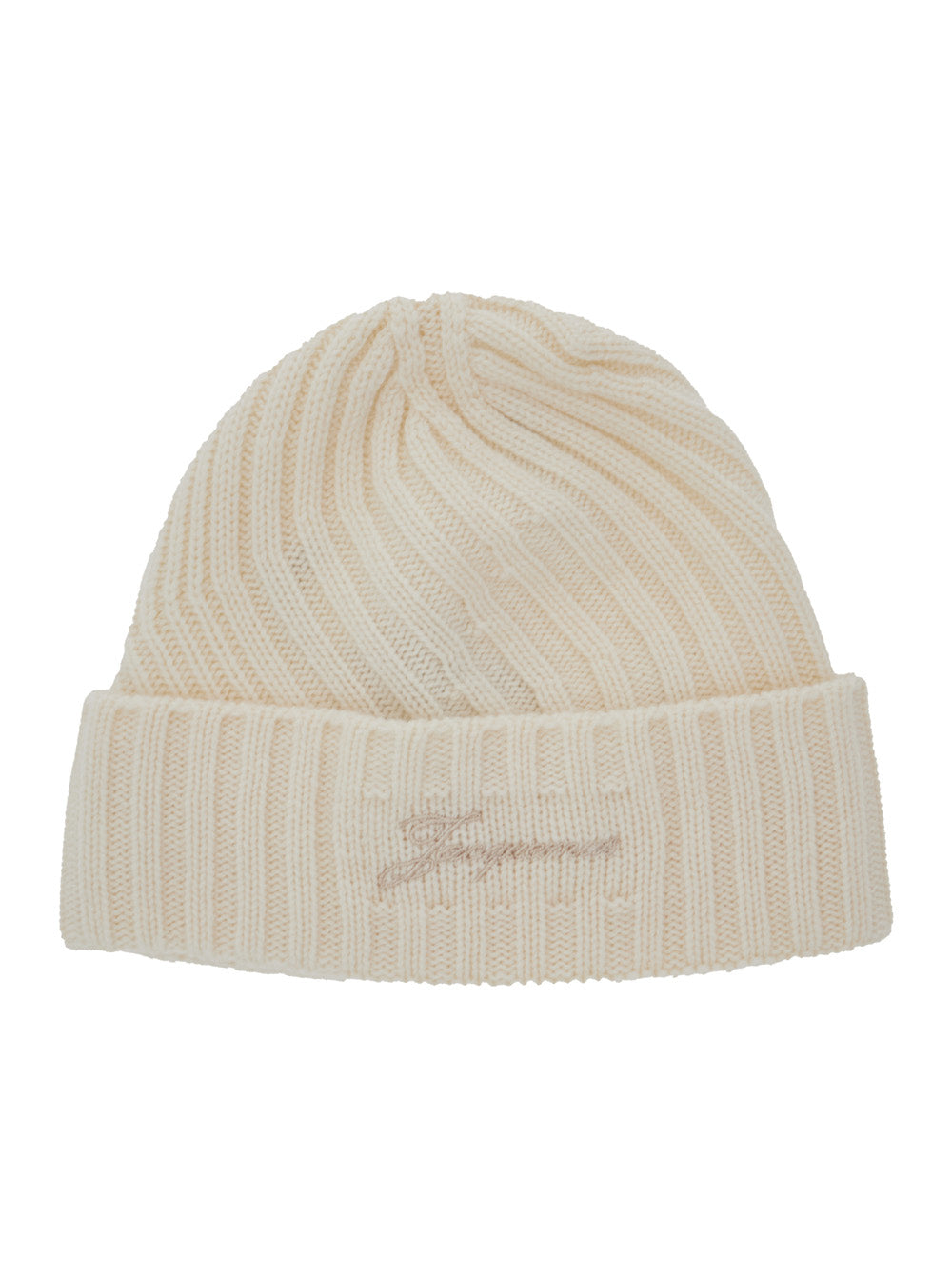 Le Bonnet Tourni White Beanie with Turn-Up Brim and Logo Lettering on the Front in Wool Man Hats Gloves