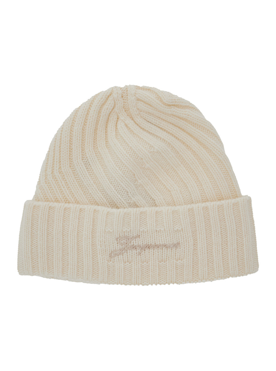 White Beanie With Turn-Up Brim Wool Hat
