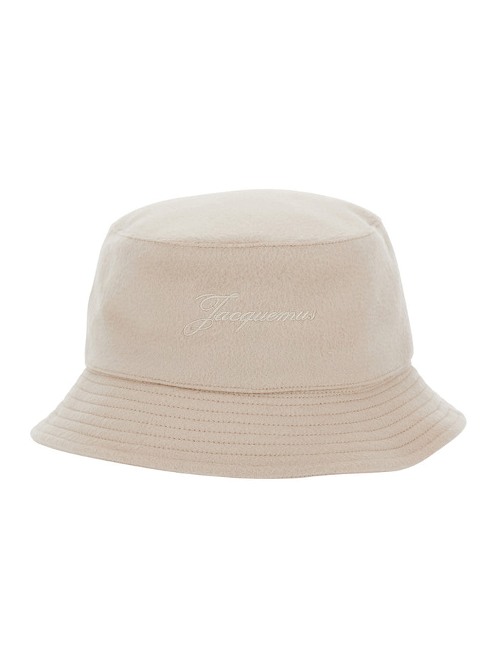 Le Bob Cachemiro Beige Bucket Hat with Logo Lettering Embroidery on the Front and Ribbed Brim in Wool Man Virgiin Gloves