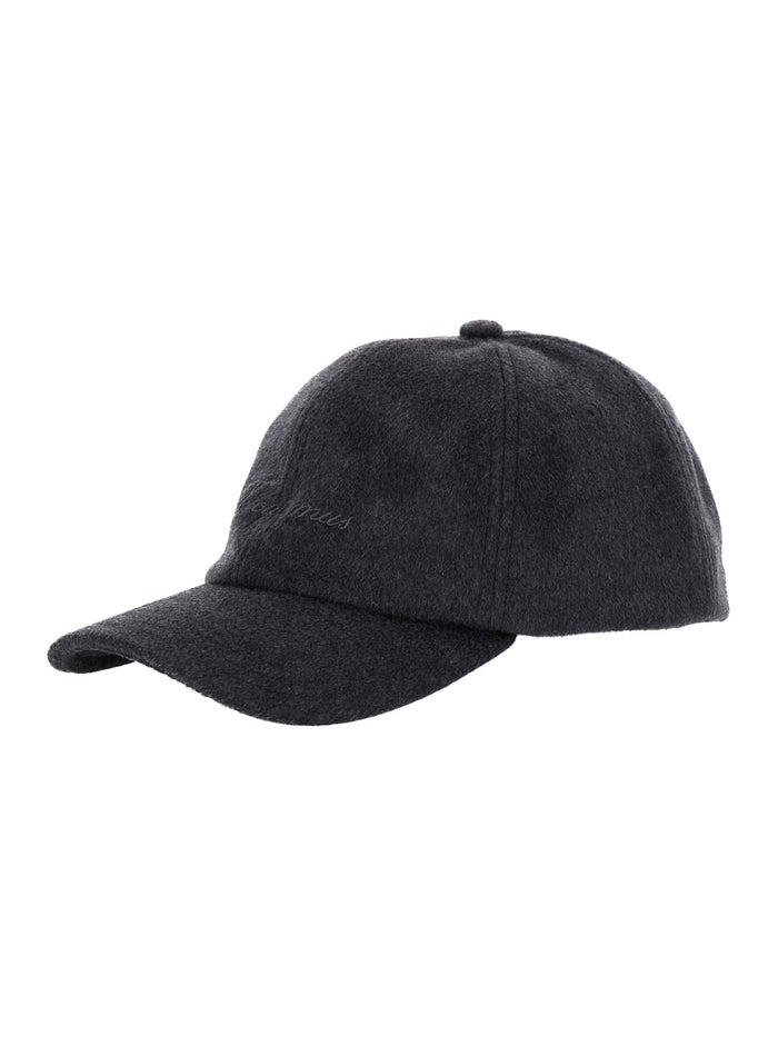 La Casquette Cachemiro Grey Baseball Cap with Logo Lettering Embroidery on the Front in Wool Woman Hats And Gloves