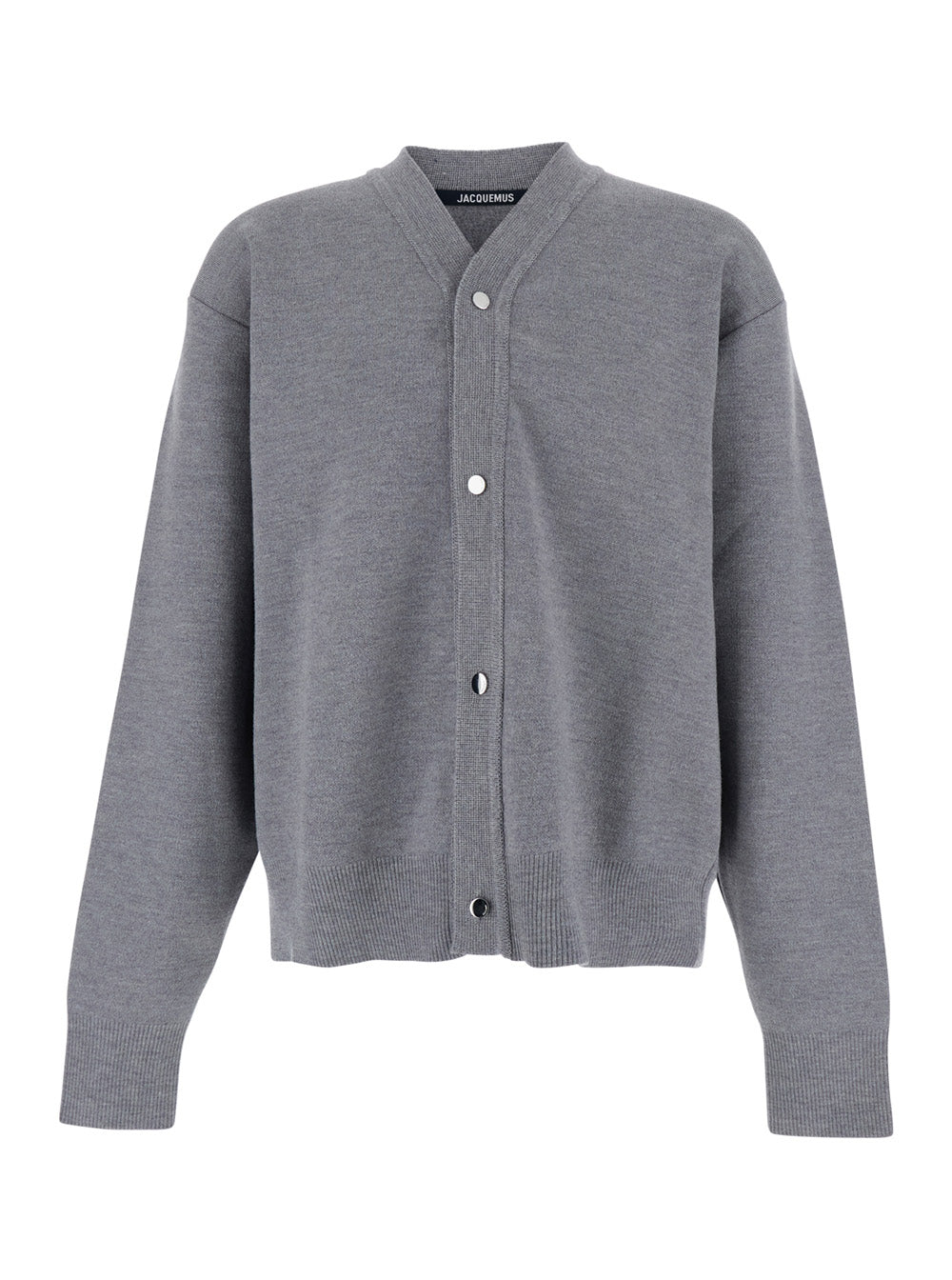 Grey V-Neck Cardigan with Dropped Shoulders in Cotton Man Jersey