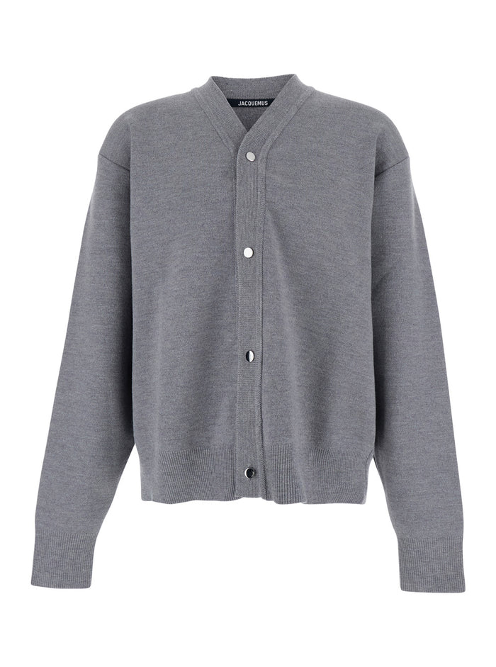 Grey V-Neck Cardigan with Dropped Shoulders in Cotton Man Jersey