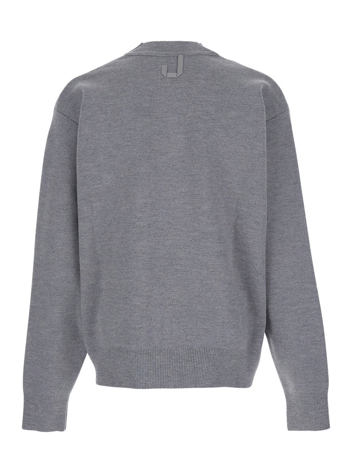 Grey V-Neck Cardigan with Dropped Shoulders in Cotton Man Jersey