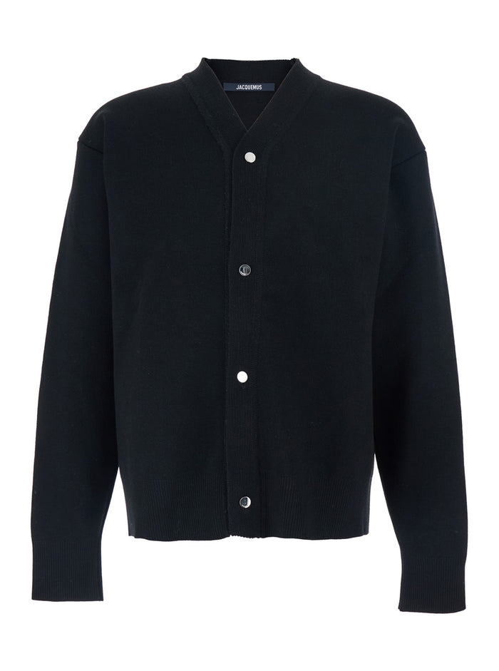 Black V-Neck Cardigan with J Logo on the Back in Wool Man Jersey